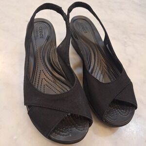 Crocs Leigh II Wedge Sandals Womens Size 9 Black Canvas Slingback Peep Toe Shoes